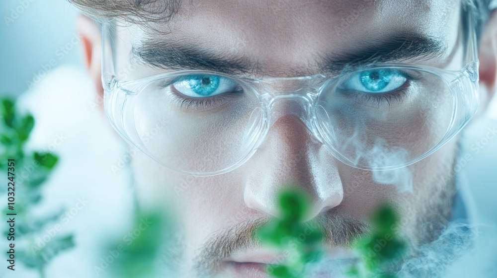 Wall mural A scientist observing a chemical reaction in a lab setting, focusing on the interaction of different chemicals.