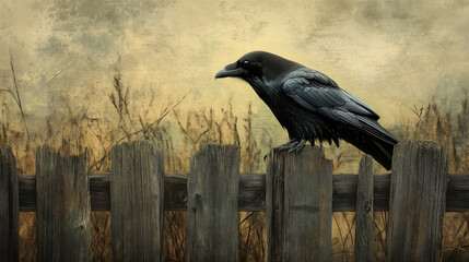 Fototapeta premium A black raven sits sharply on a worn wooden fence, its dark feathers contrasting with the faded texture of the wood