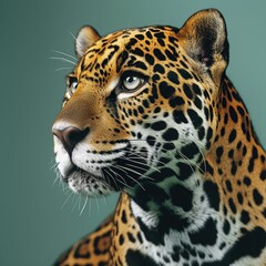 Obraz premium Stunning studio portrait of a jaguar with detailed fur pattern captured in a professional photoshoot setting, showcasing the beauty of Panthera onca in a serene environment