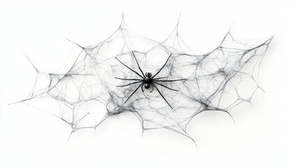 Black spider on intricate web against a white background
