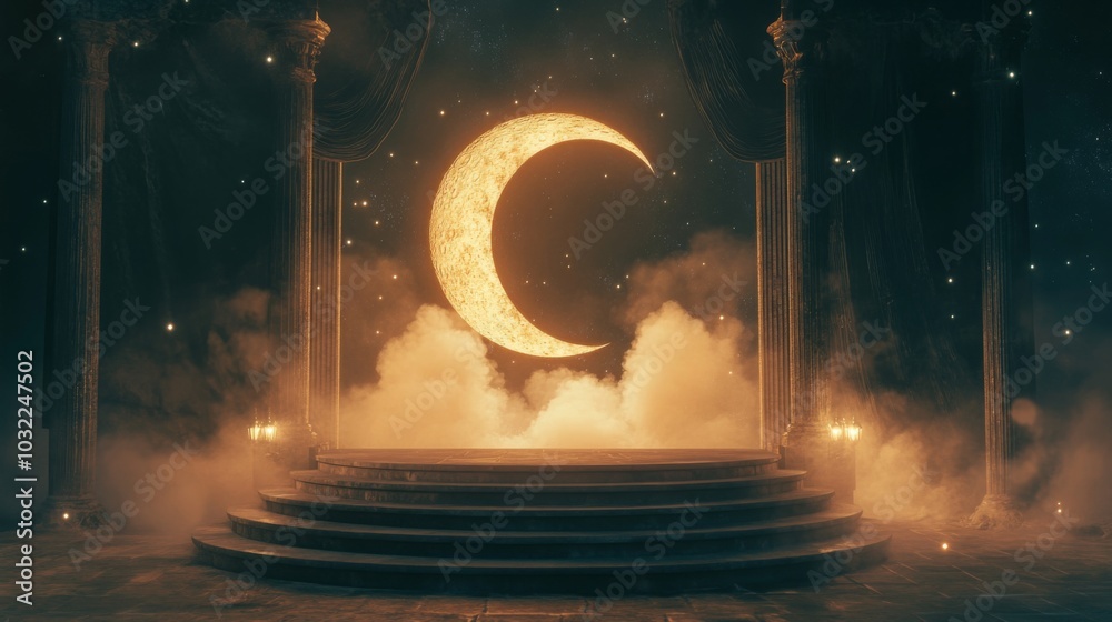 Poster A glowing crescent moon stands prominently in a mystical nocturnal setting, surrounded by soft fog and ancient columns. The atmosphere is enchanting, inviting wonder and exploration in the dim light.