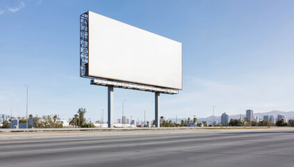 Large empty billboard by highway with city skyline backdrop