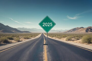Road sign on deserted highway pointing to 2025