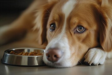 Close-up of a dog s face as it lies patiently, eyes fixed on the food bowl, filled with quiet longing, dog waiting, moment of hope and expectation