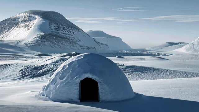Igloo on snowy arctic landscape with mountains in the background, winter survival and cultural dwelling concept.