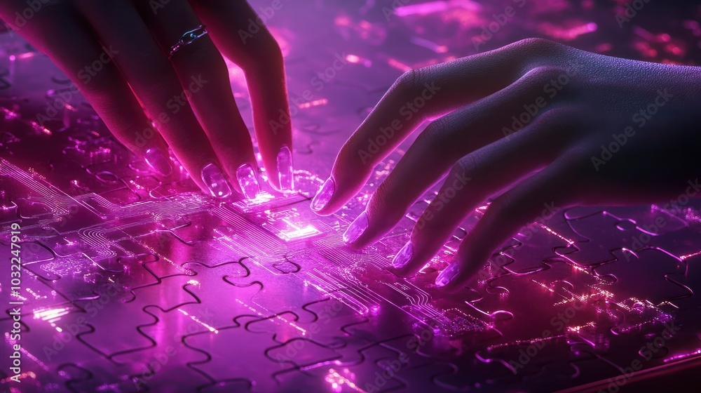 Poster hands engaging with a glowing jigsaw puzzle, pieces forming a circuit pattern, representing connecti