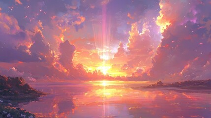 A vibrant sunset over a calm lake with a dramatic sky filled with colorful clouds and a golden glow reflecting on the water.