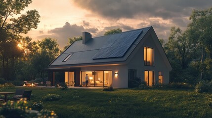 Obraz premium happy couple in front of house with solar panels