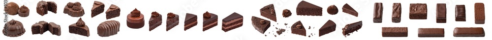 Poster the set includes chocolate cake slices isolated on a transparent or white background