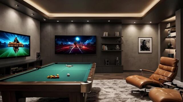A tastefully furnished basement recreation room with a pool table and dual televisions. 