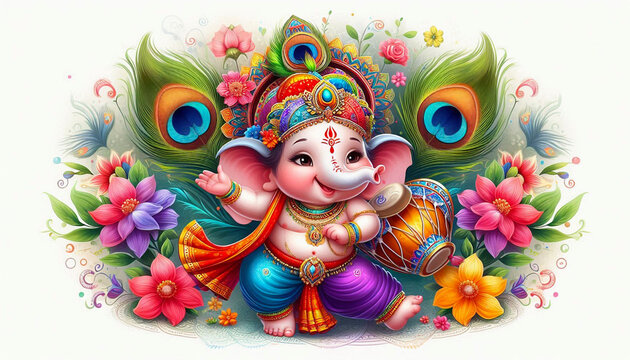 Indian Hindu religion god dancing baby Ganesh or Ganesha, for offering prayers during Hindu festival Ganesh Chathurthi, wedding, Hindu ceremony, opening ceremony, good luck, invitation