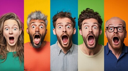 A collage of surprised men and women, diverse in age and ethnicity, on colorful backgrounds, expressing joy and amazement, isolated in a 16:9 aspect ratio