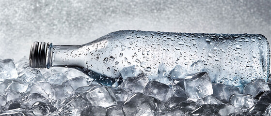 A glass bottle covered in condensation and laying on a bed of ice cubes.