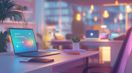 Naklejka premium Illustration of connected devices and wireless network icons in a modern office, representing IoT and smart technology.