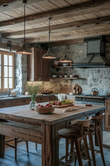 Rustic kitchen with wooden furniture, stone walls, and warm lighting, featuring fresh produce on a central table