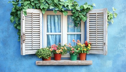 Fototapeta premium A charming blue wall features a window adorned with open shutters and vibrant flower pots, creating a cheerful and inviting atmosphere.