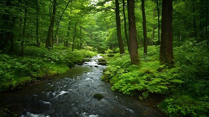 Fototapeta premium Lush Green Forest with Flowing Stream in Peaceful Natural Environment
