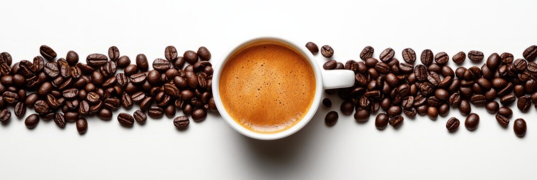 A coffee cup with hot coffee on white background. Flat lay, copy space. 