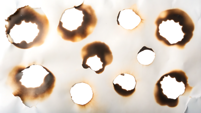Collection of burnt holes in piece of paper isolated on white background.AI GENERATED