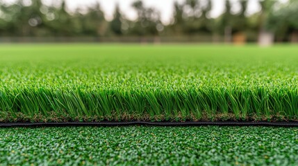 Vibrant green artificial grass with a neat edge against a blurred nature backdrop.