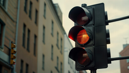 A red traffic light stands prominently at an urban intersection, guiding vehicles to halt as the day transitions from afternoon to evening, ensuring road safety