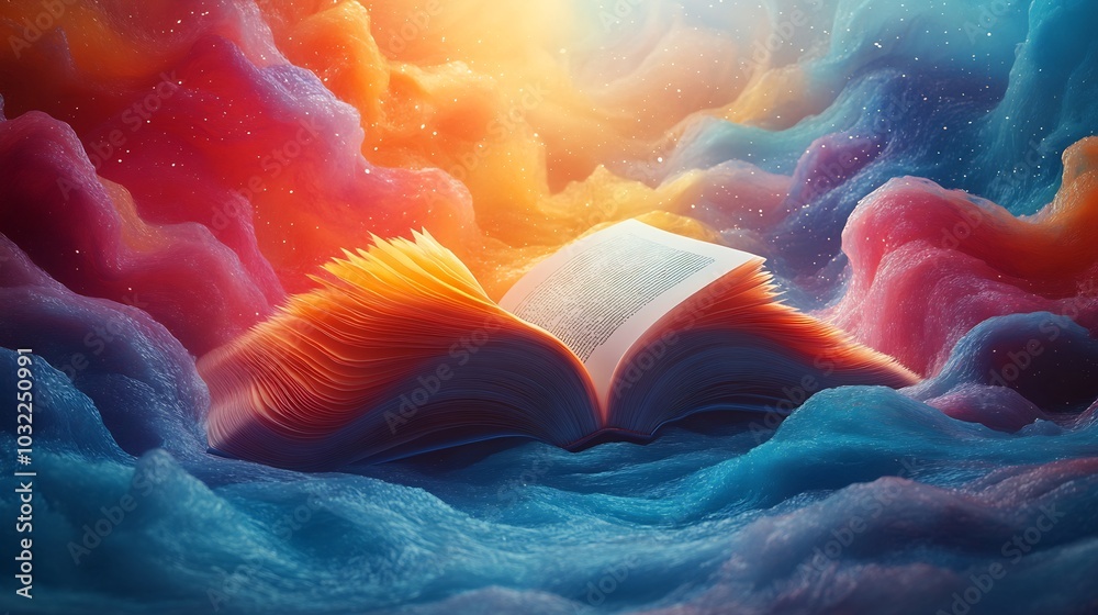 Poster imaginative concept for world book day with an abstract open book blending with colorful waves and d