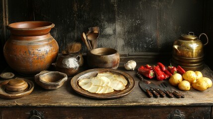 A study in textures: rough pottery, silky meat slices, crisp vegetables, and gleaming metal utensils, all bathed in warm, directional light against a black backdrop