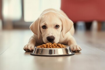 Puppy lying flat on the floor, staring intently at its full food bowl, waiting with quiet anticipation, dog meal patience, scene of longing