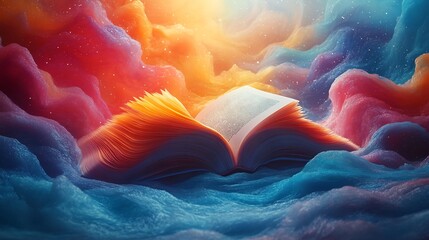 Imaginative concept for World Book Day with an abstract open book blending with colorful waves and dynamic shapes in a 3D space capturing the spirit of storytelling and creativity