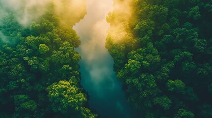 Aerial view of a river flowing through a dense forest with fog and sunlight streaming through the canopy.