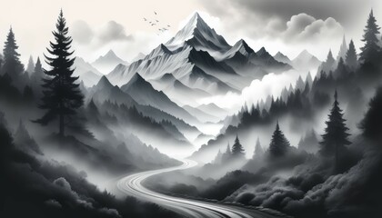 Fototapeta premium A winding road passing through a hilly forest to a towering mountain shrouded in fog ahead of the way,