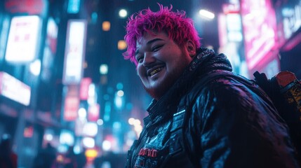 Obraz premium Smiling transgender man with braces and pink hair in cyberpunk city at night