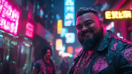 Obraz premium Portrait of bearded overweight man in black leather jacket in cyberpunk city at night