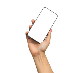 Mobile smart phone with white blank screen in Asian lady hand  for communication isolated on white background with clipping path.