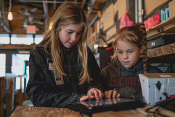 Fototapeta premium Young girls learning to code on a tablet There are advisors available to advise on programming.