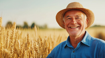 Fototapeta premium Golden wheat field with happy farmer during harvest season An elderly farmer with a bright, contented smile stands in the heart of a lush, golden wheat field. He wears a straw hat