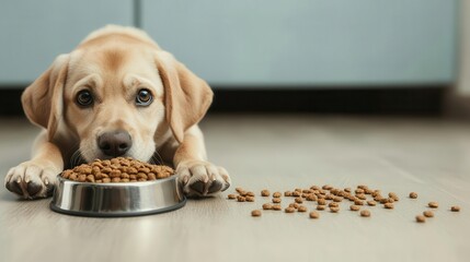 Puppy lying on the floor with paws outstretched, staring at its food bowl filled with kibble, dog waiting, scene of patience and hope