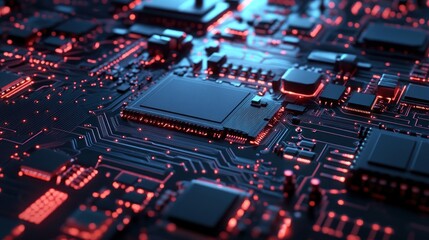 Fototapeta premium Close-up of a Circuit Board with Glowing Red Lines and a Processor
