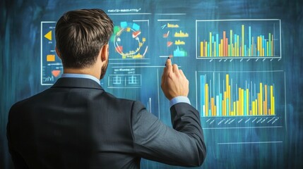 Professional presenting marketing metrics on interactive whiteboard, data visualization in business