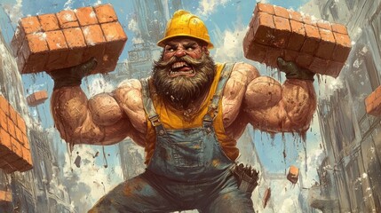 A muscular construction worker in a yellow hardhat and overalls lifts two heavy bricks with a determined expression on his face.