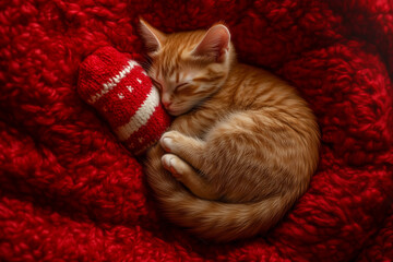 Ginger Cat Sleeping in Christmas Stocking on Red Background
