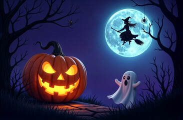 witch on a broom against the blue moon and moonlight and jack o lantern, halloween card