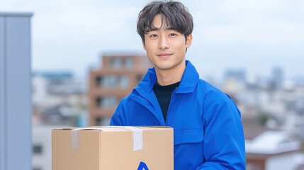 A young Japanese man in blue work is carrying a cardboard box at the door of a residential building, suggesting a delivery service concept. 