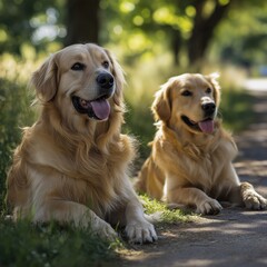 Two happy golden retriever dogs relax on sunlit grass, embodying friendship, loyalty, and the joy of simple pleasures.