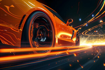 A bright orange car speeds through in the dark around multi-colored neon lights. A futuristic scene