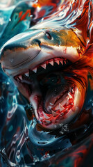 fierce shark emerges from swirling water, showcasing its sharp teeth and powerful jaws. vibrant colors of ocean create dramatic backdrop, enhancing intensity of this underwater predator