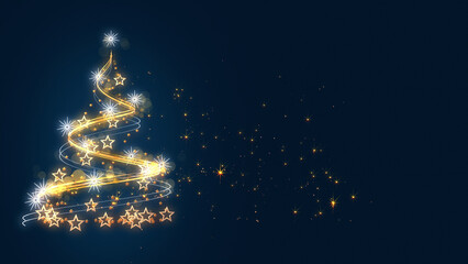 an abstract Golden Christmas tree on a dark blue background with copy space and glitter  golden particle .