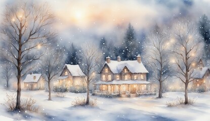 Wooden cabins glow warmly under a snowfall, surrounded by pine trees in a snow-covered valley. The soft lights from the windows and the gentle snowflakes evoke a cozy, magical holiday atmosphere.