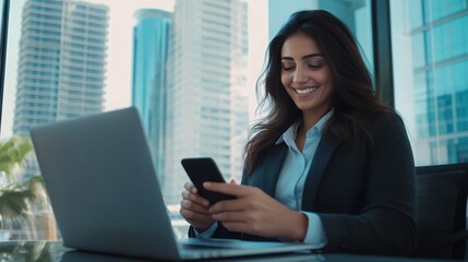 Young happy business woman, smiling pretty professional businesswoman worker looking at smartphone using cellphone mobile technology working at home or in office checking cell phone sitting at desk.