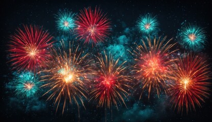 Fototapeta premium Explosions of red, blue, and golden fireworks bloom in the night sky, their brilliant trails spreading outward like stars. The vibrant and radiant colors make the scene feel joyful, dynamic